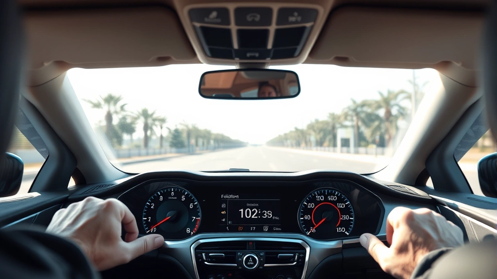 Close-up of modern car dashboard with clean interface and fuel efficiency display showing excellent MPG rating, bright daylight through windshield, hands-free focused driving environment, no text visible