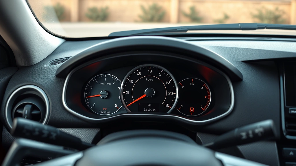 Overhead view of a fuel gauge showing full tank, clean modern car interior dashboard with soft natural lighting coming through windows, minimalist and organized