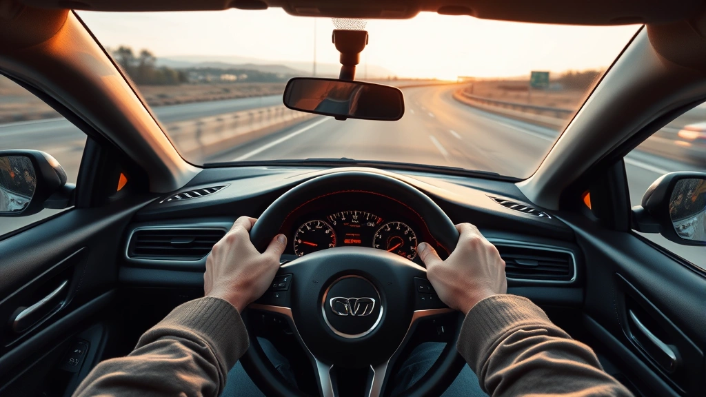 Top-down view of fuel gauge showing full tank, driver's hands relaxed on steering wheel, highway stretching ahead, peaceful expression, modern sedan interior