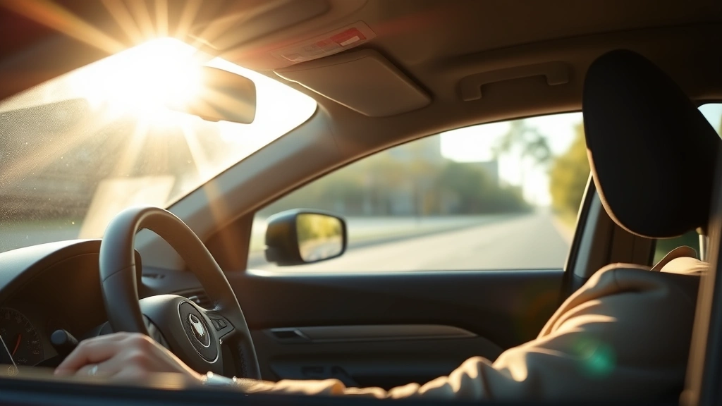 Young professional sitting in driver's seat of an economical car, looking ahead at the road with focused expression, morning sunlight streaming through windshield, serene and composed demeanor