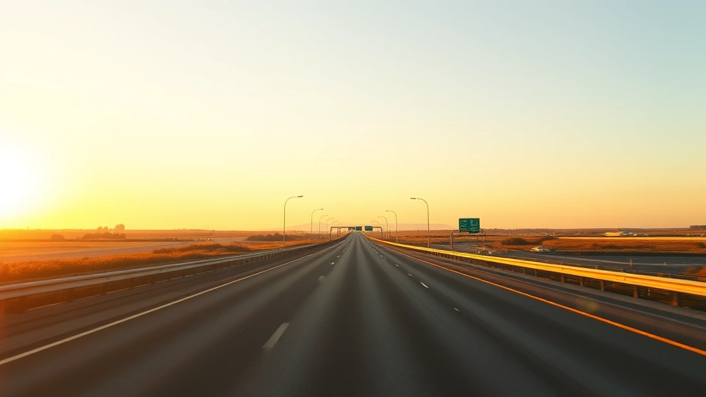 Empty highway stretching ahead during golden hour, clear road ahead symbolizing worry-free commute, peaceful driving environment, no traffic or stress visible