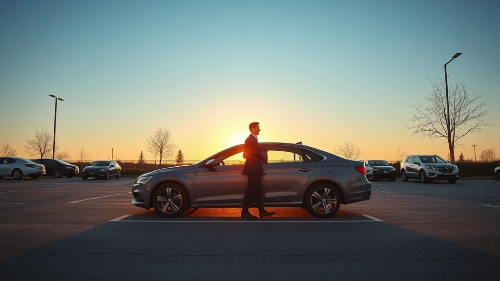Peaceful parking lot at sunrise, reliable sedan parked cleanly, no mechanical stress visible, driver approaching vehicle with confident posture, clear blue sky