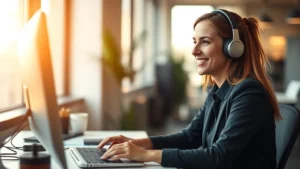 Professional woman wearing headphones, smiling while typing at desk with morning sunlight, focused expression, warm lighting, modern office environment, peaceful concentration