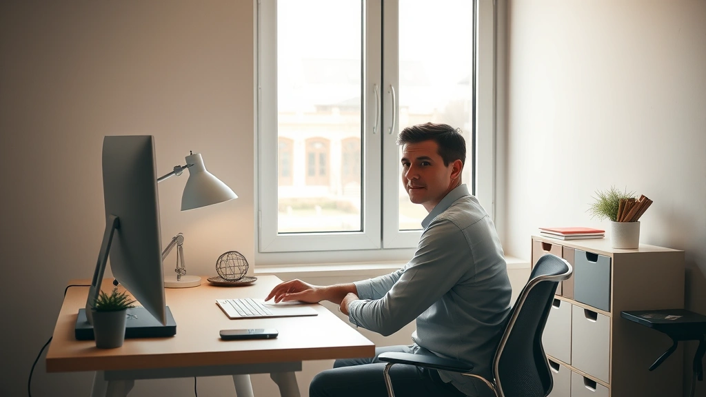 Person sitting at minimalist desk workspace with natural window light, calm focused expression, clean organized surface, warm neutral tones, photorealistic