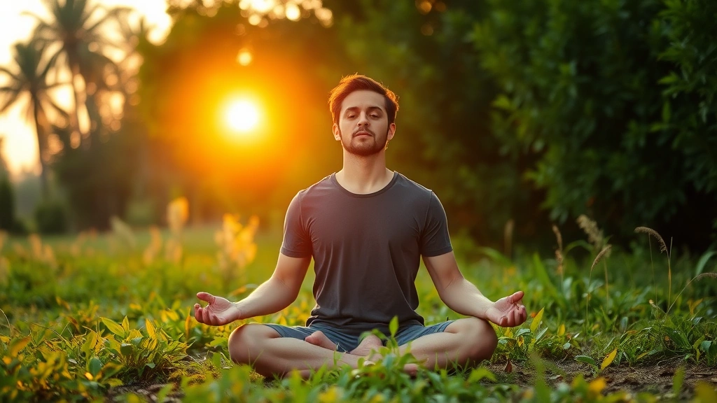 Individual meditating outdoors in nature setting during golden hour, peaceful expression, surrounded by green foliage, natural lighting, serene atmosphere