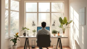 Serene workspace with natural light streaming through large windows, minimalist desk setup with plants, person sitting peacefully focused on work, warm neutral tones, photorealistic
