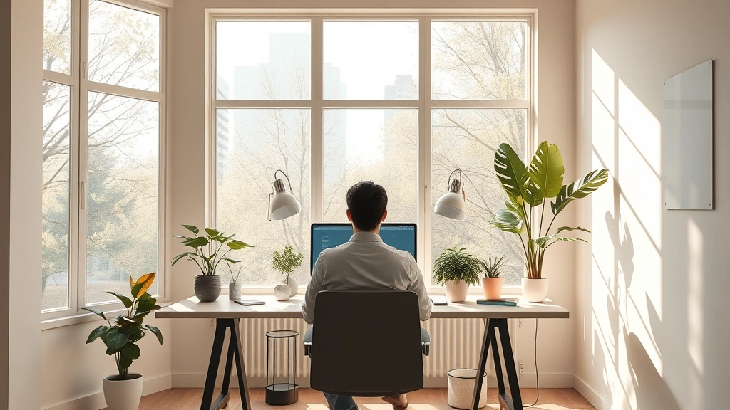 Serene workspace with natural light streaming through large windows, minimalist desk setup with plants, person sitting peacefully focused on work, warm neutral tones, photorealistic