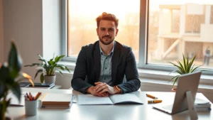 Person sitting at minimalist desk by large window with natural sunlight, focused expression, workspace with organized materials, plants nearby, warm professional lighting, calm concentrated atmosphere