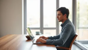 Person sitting at minimalist wooden desk with large window showing natural sunlight streaming in, focused expression, working on laptop, calm professional environment, no visible screens or text, peaceful concentration