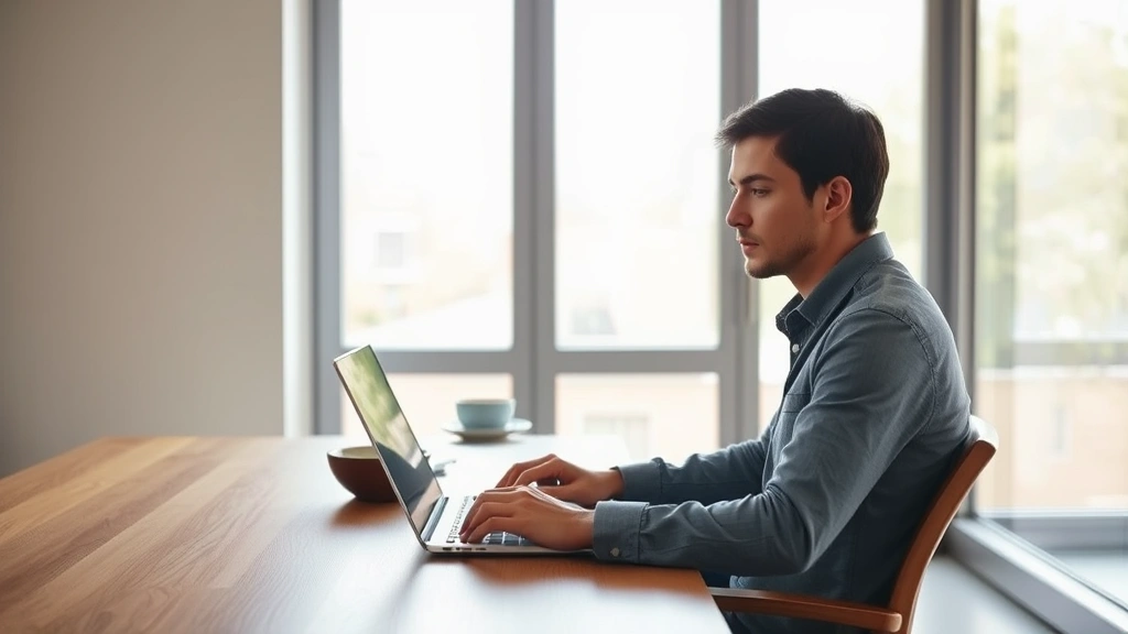 Person sitting at minimalist wooden desk with large window showing natural sunlight streaming in, focused expression, working on laptop, calm professional environment, no visible screens or text, peaceful concentration