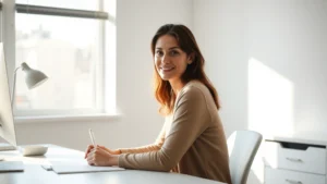 Person sitting at minimalist desk with natural light streaming through window, focused expression, clean workspace with single task object, soft afternoon illumination, calm professional environment, no visible screens or text