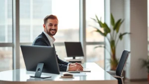 Person sitting at minimalist desk by large window with natural light, focused on work with calm expression, modern office environment, bright morning lighting, professional attire