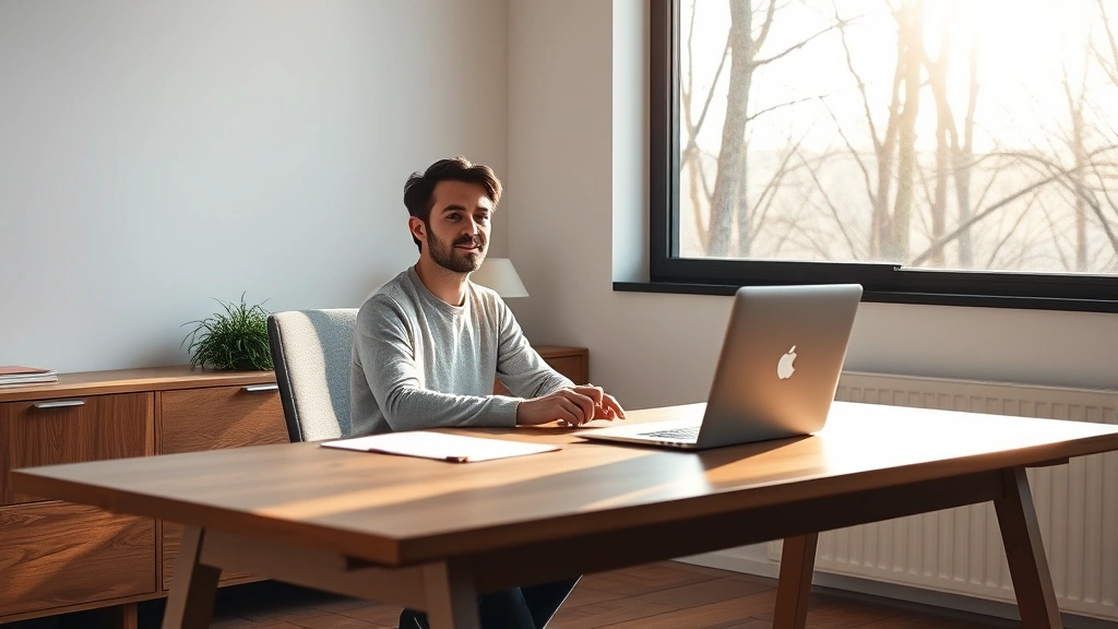 Person sitting at minimalist wooden desk with large window showing natural daylight, trees visible outside, peaceful expression, focused on work, morning light streaming in, calm professional environment