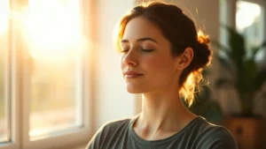 Person meditating peacefully in morning sunlight, serene face, natural indoor setting, soft golden light streaming through windows, calm focused expression