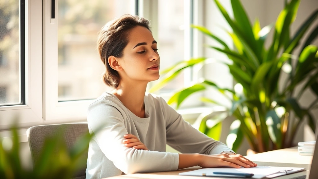 Person sitting peacefully in natural light by a window, serene expression, hands resting on desk, blurred green plants in background, warm sunlight illuminating workspace