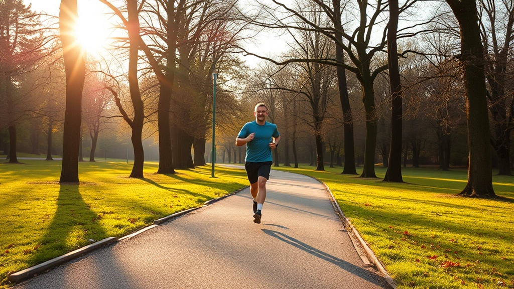 Person jogging through beautiful park trail surrounded by trees and nature, early morning golden light, healthy outdoor exercise, peaceful McMinnville-style landscape
