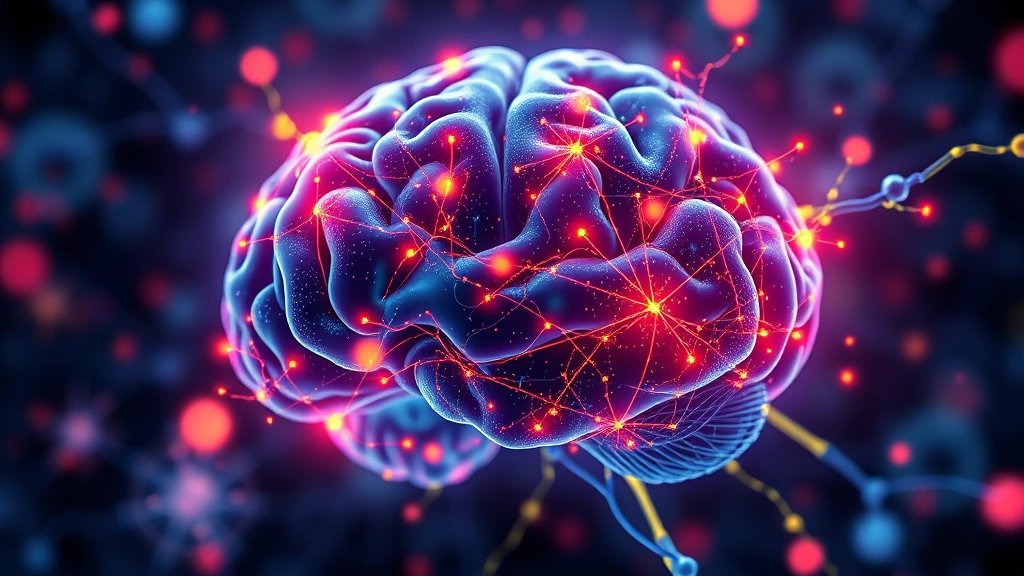 Brain visualization with glowing neural connections, abstract scientific imagery showing neurotransmitters and synaptic activity, vibrant colors representing dopamine and focus pathways, modern scientific illustration style