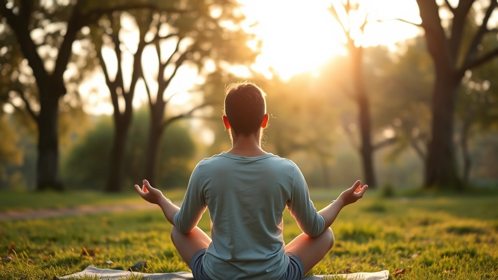 Someone in meditation pose in peaceful natural setting with trees and soft natural light, serene expression, outdoor wellness environment, early morning golden hour