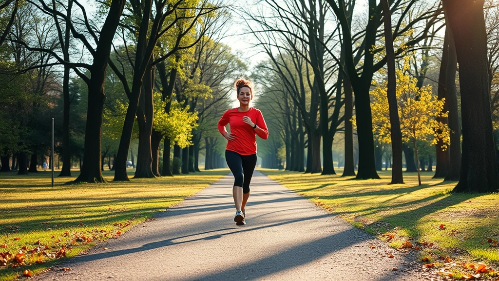 Active person jogging through a park trail with trees, dynamic movement, natural outdoor setting, fresh morning light, healthy athletic posture