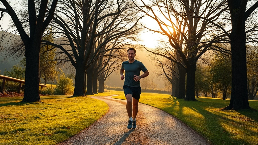 Individual jogging on a tree-lined path through park during golden hour, athletic wear, focused determined expression, natural landscape with rolling terrain, morning or evening light