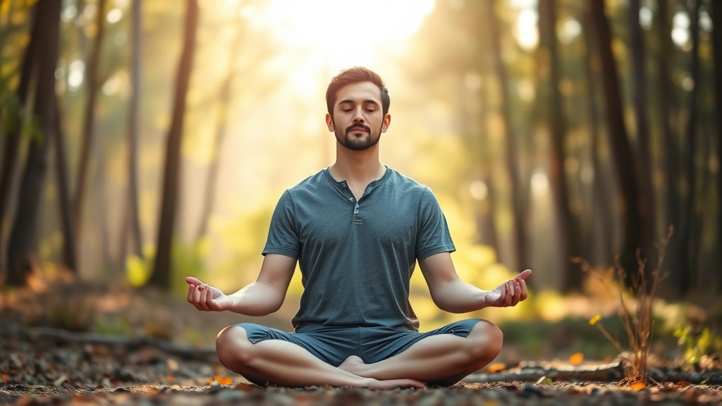 Individual meditating outdoors in natural setting, peaceful posture, morning sunlight, forest or park background, serene expression, nature surroundings, embodying mental clarity and calm focus