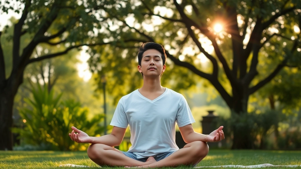 Person meditating in peaceful natural setting with trees and soft natural light, serene expression, outdoor garden environment, morning or golden hour lighting, embodying mental clarity and wellness