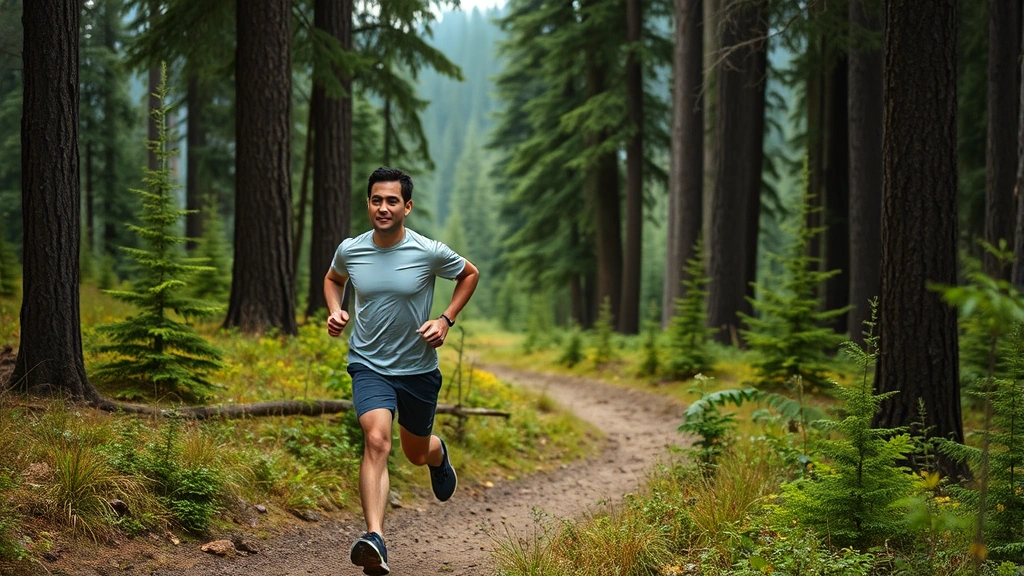 Person running on forest trail in Pacific Northwest scenery, surrounded by tall green trees, natural outdoor environment, active movement, focused expression, healthy exercise, scenic landscape, no devices visible