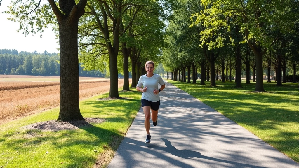 Person jogging through McMinnville park surrounded by trees and natural landscape, energetic motion, outdoor exercise, bright daylight, healthy physical activity, scenic natural environment