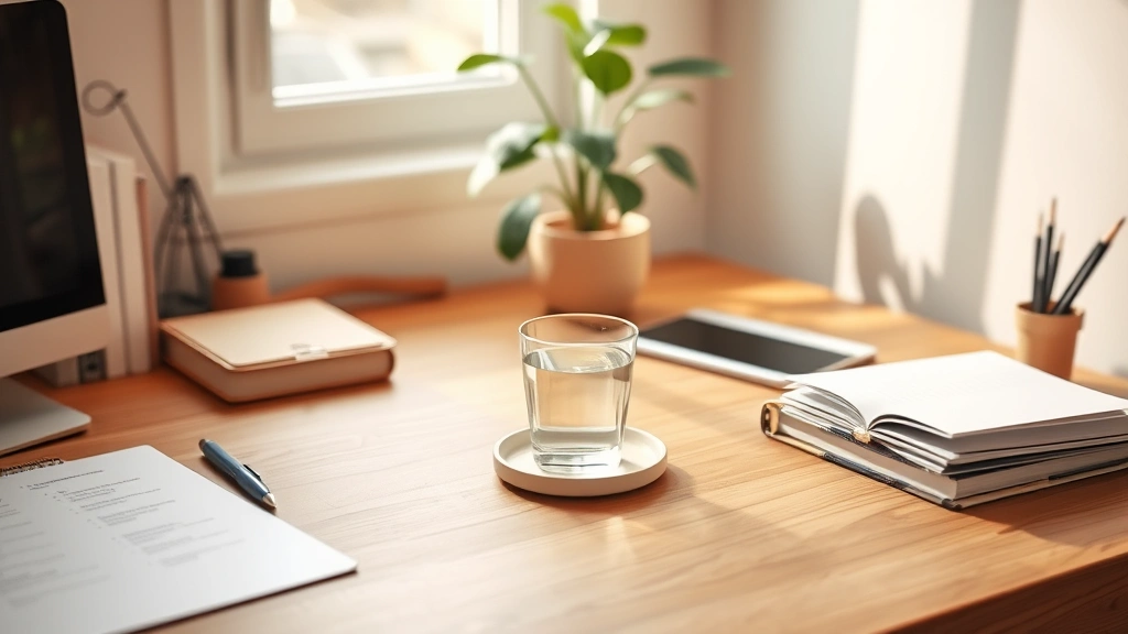 Organized minimalist workspace with natural wood desk, single cup of water, plant in background, clean empty surface, warm natural lighting from window