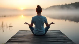 Person sitting peacefully on a wooden dock overlooking a calm lake at sunrise, hands resting on lap, serene expression, misty morning atmosphere, natural light reflecting off water, embodying meditation and mental clarity