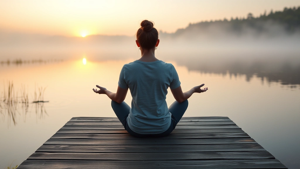 Person sitting peacefully on a wooden dock overlooking a calm lake at sunrise, hands resting on lap, serene expression, misty morning atmosphere, natural light reflecting off water, embodying meditation and mental clarity