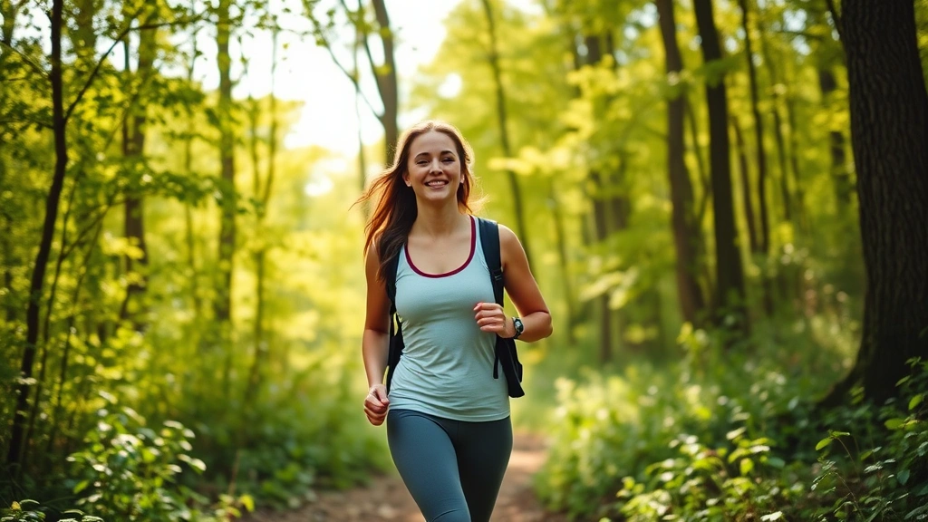 Young professional woman walking on a forest trail surrounded by green trees and dappled sunlight, athletic posture, peaceful expression, natural outdoor movement, vibrant vegetation in background, demonstrating outdoor exercise benefits
