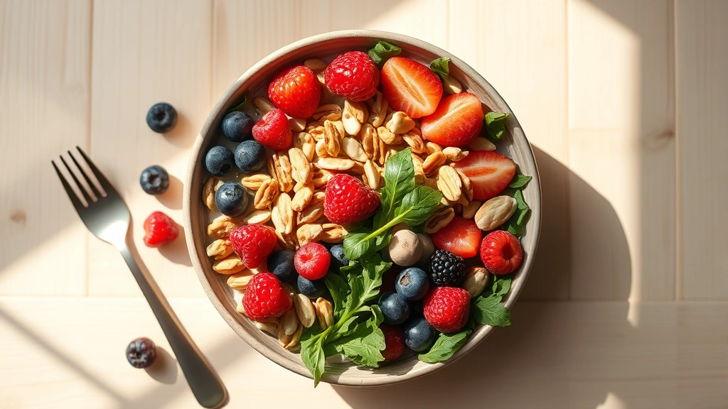 Overhead view of a colorful breakfast bowl with berries, nuts, leafy greens, and fresh ingredients arranged artfully on a light wooden table, natural window light casting soft shadows, showing nutritious brain-healthy foods