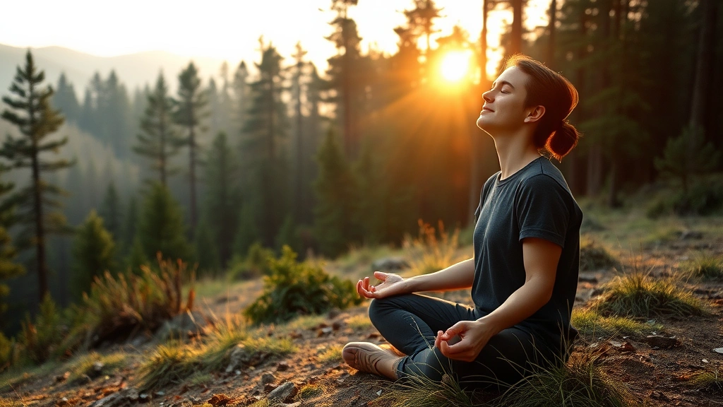 Person sitting peacefully outdoors at sunrise in natural wilderness, eyes closed in meditation, morning light filtering through trees, surrounded by misty forest landscape, calm serene expression, photorealistic nature setting