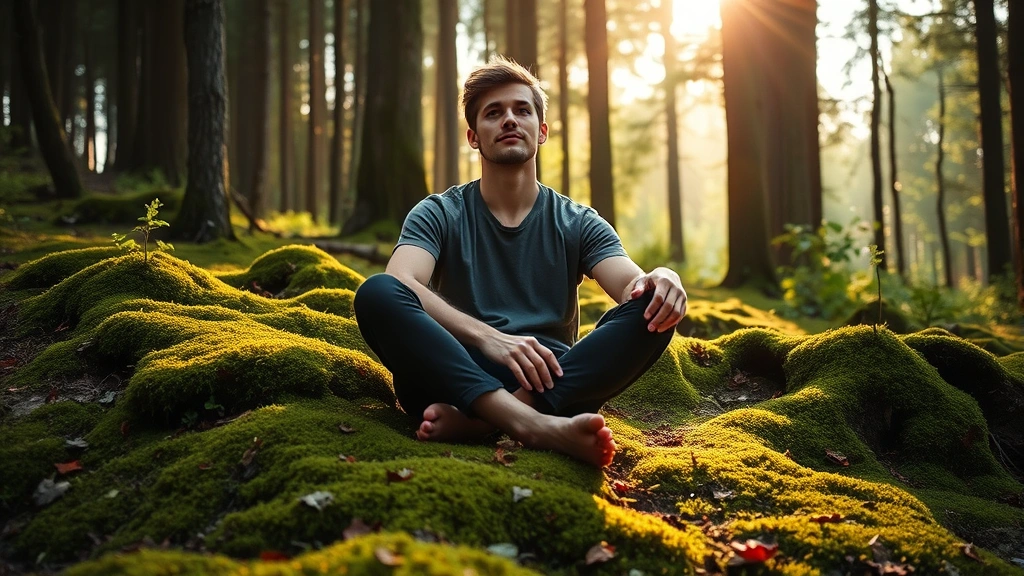 Person sitting barefoot on forest moss with morning light filtering through trees, deeply focused and calm expression, surrounded by natural elements, peaceful concentration