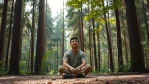 Person sitting peacefully in natural forest clearing surrounded by tall trees, soft natural light filtering through leaves, serene expression, earth-toned clothing, no visible text or signage