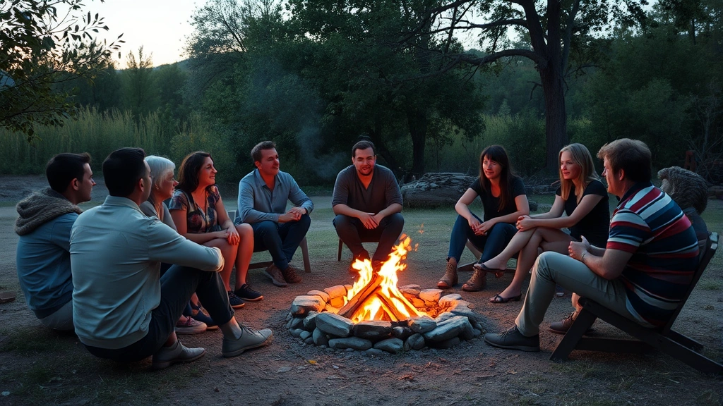 Group of people sitting in a circle outdoors around a small fire, engaged in conversation, warm natural lighting at dusk