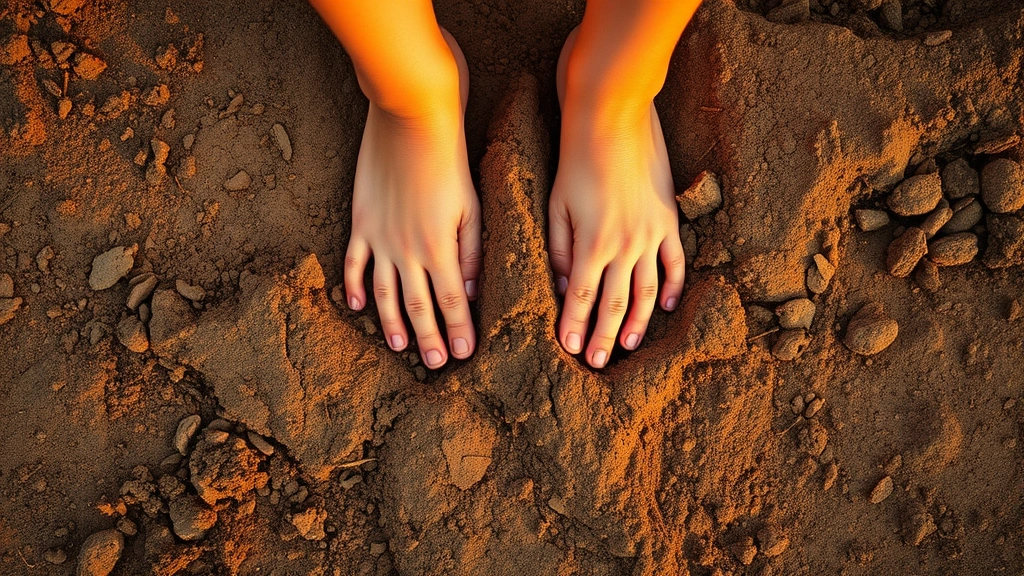 Hands placed on rich earth soil during golden hour, person grounded barefoot on natural ground, natural lighting highlighting soil texture, peaceful focused posture, no visible text or distractions, photorealistic outdoor scene