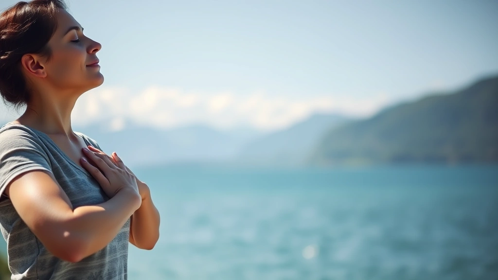 Woman performing breathing exercise outdoors near water, serene nature background with mountains, hands on chest, meditative state, natural daylight