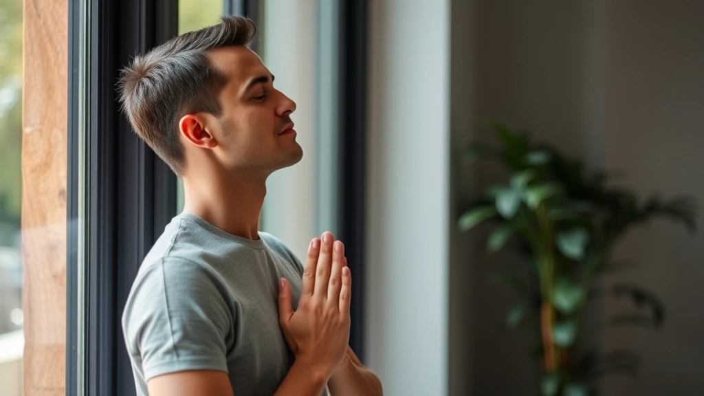 Individual practicing breathing exercises near a window, calm expression, natural light streaming in, serene indoor environment
