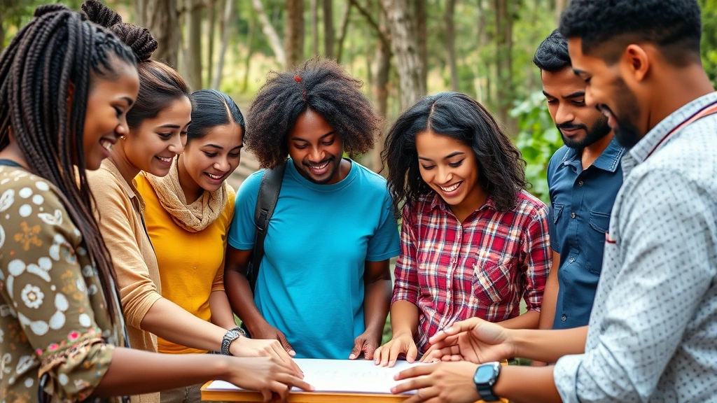Group of diverse people in natural outdoor setting working together on shared project, genuine collaboration and connection, natural woodland or garden background, focused engaged expressions, warm natural lighting, photorealistic community scene