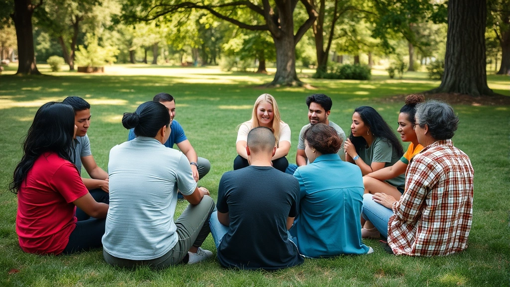 Small group of diverse people sitting together in circle outdoors on grass, supportive community gathering, genuine connection and accountability, natural setting with trees