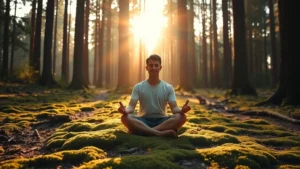 Person sitting cross-legged on moss-covered forest floor during golden hour, barefoot with hands resting on knees in meditation, soft diffused sunlight through tall trees creating peaceful atmosphere