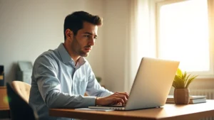 Person sitting at wooden desk in bright natural light, focused intently on laptop screen, warm sunlight streaming through window, peaceful professional workspace, minimal distractions visible, calm composed expression, professional attire, photorealistic, no text or clocks visible