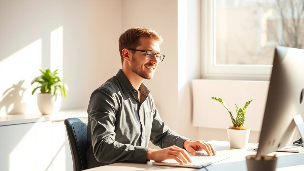 Person sitting at desk in bright natural light, completely focused on work with calm peaceful expression, minimalist workspace with plants, professional attire, hands on desk engaged in task, warm sunlight streaming through window, no visible screens or text