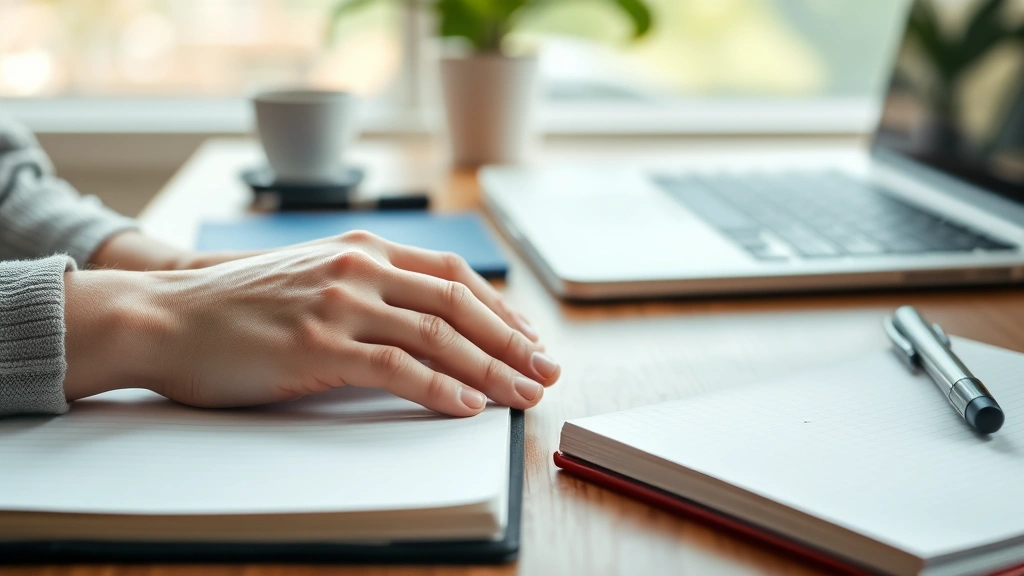 Close-up of person's hands resting on desk next to notebook, showing relaxation and mindfulness, soft natural lighting, wooden surface, professional environment, serene moment, no writing or text visible, photorealistic quality