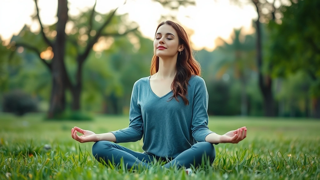 Woman meditating outdoors in natural green setting, sitting peacefully on grass with eyes closed, trees and nature in soft focus background, early morning or sunset lighting, calm serene expression, wearing comfortable clothing, hands resting peacefully