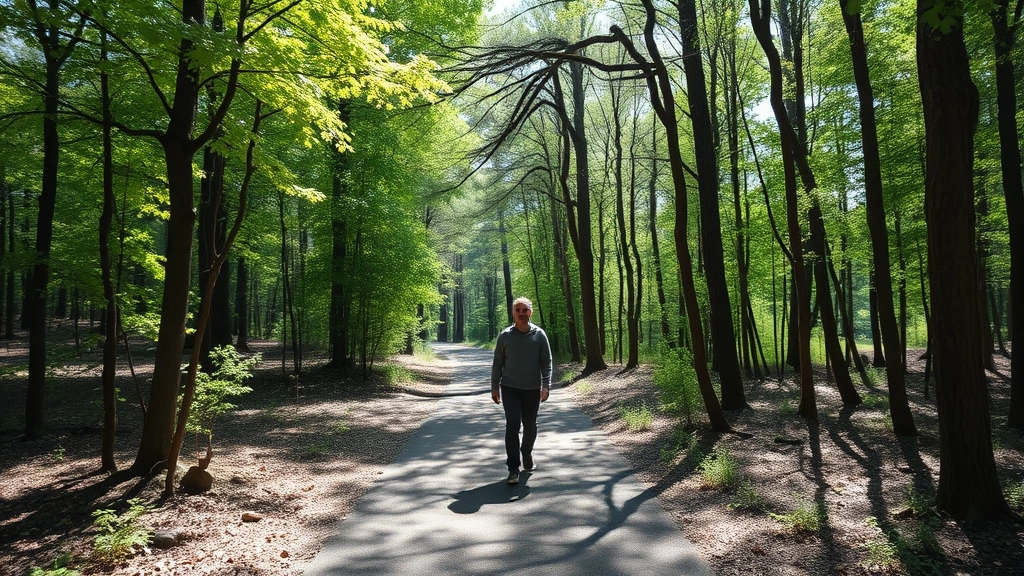 Outdoor natural scene with person walking on forest path surrounded by trees, dappled sunlight through canopy, peaceful nature environment, person appears calm and present, expansive natural setting, photorealistic, no signage or text