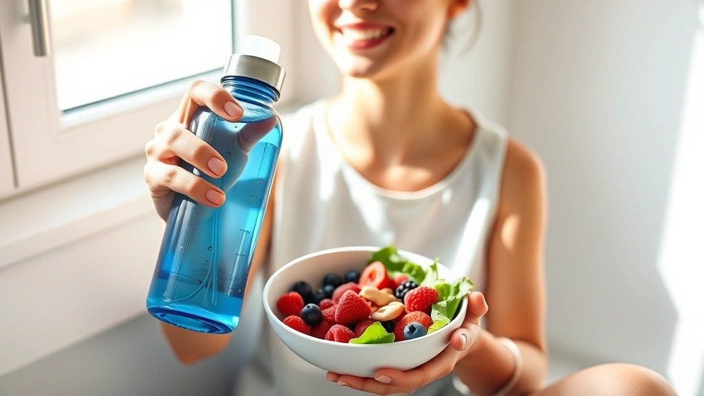 Person holding water bottle and healthy breakfast bowl with berries nuts and greens, sitting by bright window, natural morning light, fresh vibrant foods visible, healthy glowing skin, peaceful satisfied expression, minimalist kitchen setting with no visible text