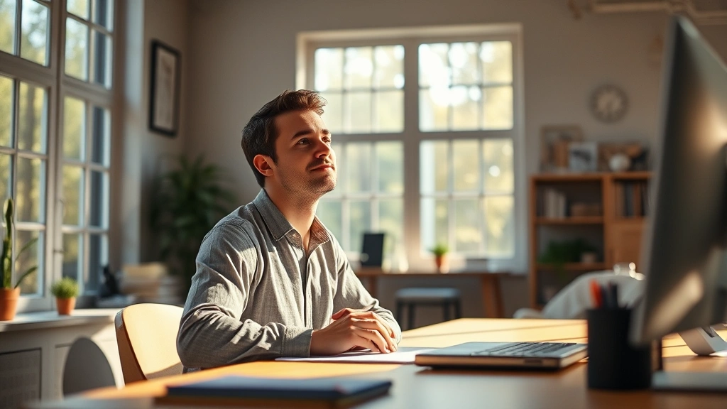 Person sitting peacefully in bright natural light from large windows, showing calm focused expression, hands resting on desk, soft warm lighting, serene indoor workspace with minimal clutter, photorealistic